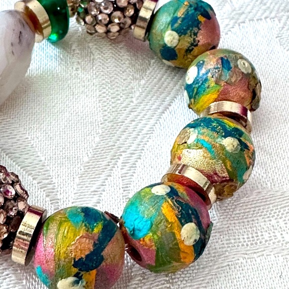 Artisan Colorful Beaded Bracelet with Hand Painted Beads, glass & natural 5-6 - Picture 4 of 7